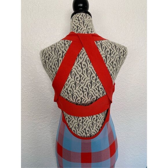 Parker Ayla Knit Midi Dress in Plaid Blue, Red Size M - Picture 8 of 12